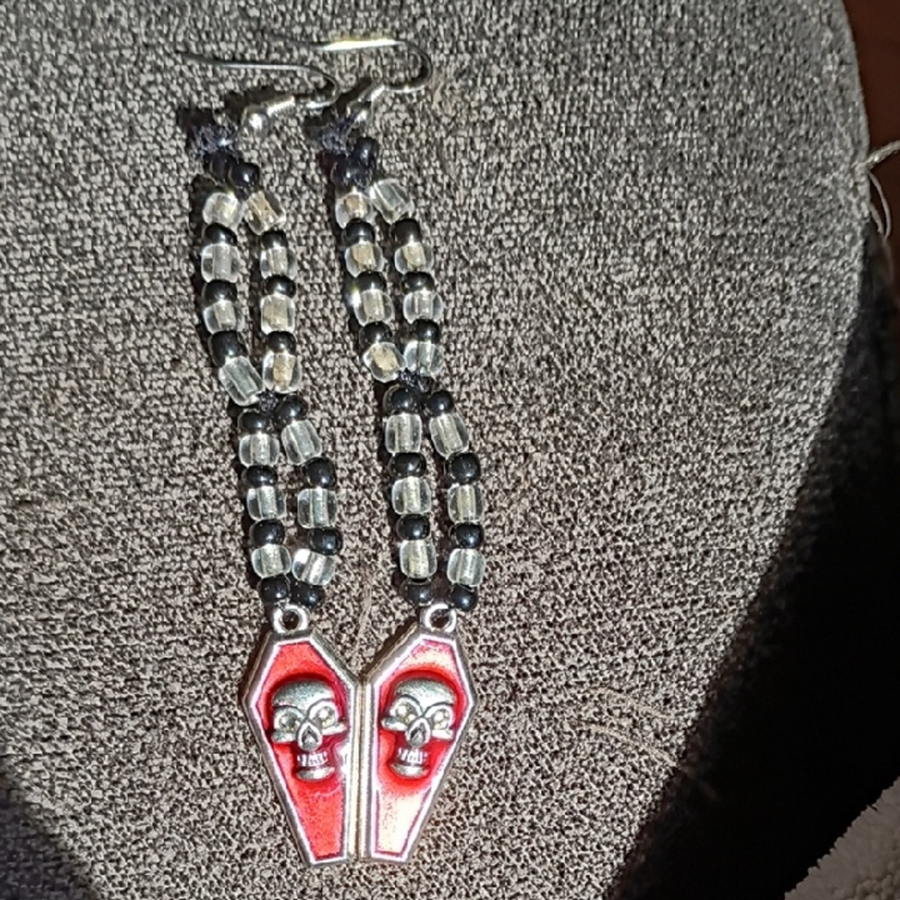 Red and Silver Skull Coffin Earrings